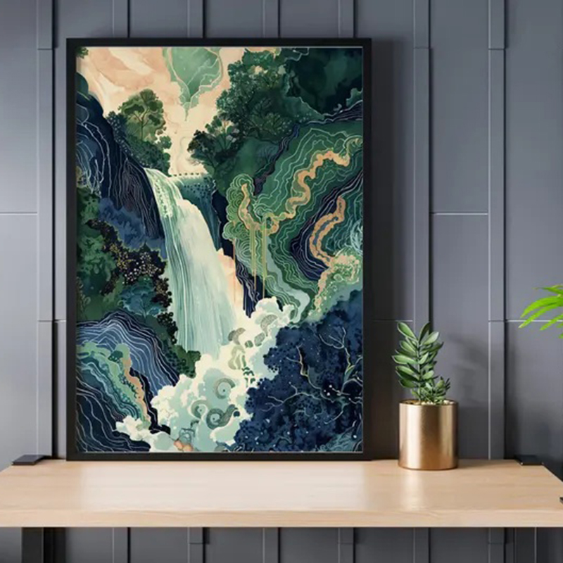 Home Decor Green - Hokusai Ukiyo-e Blue Green Japanese Waterfall