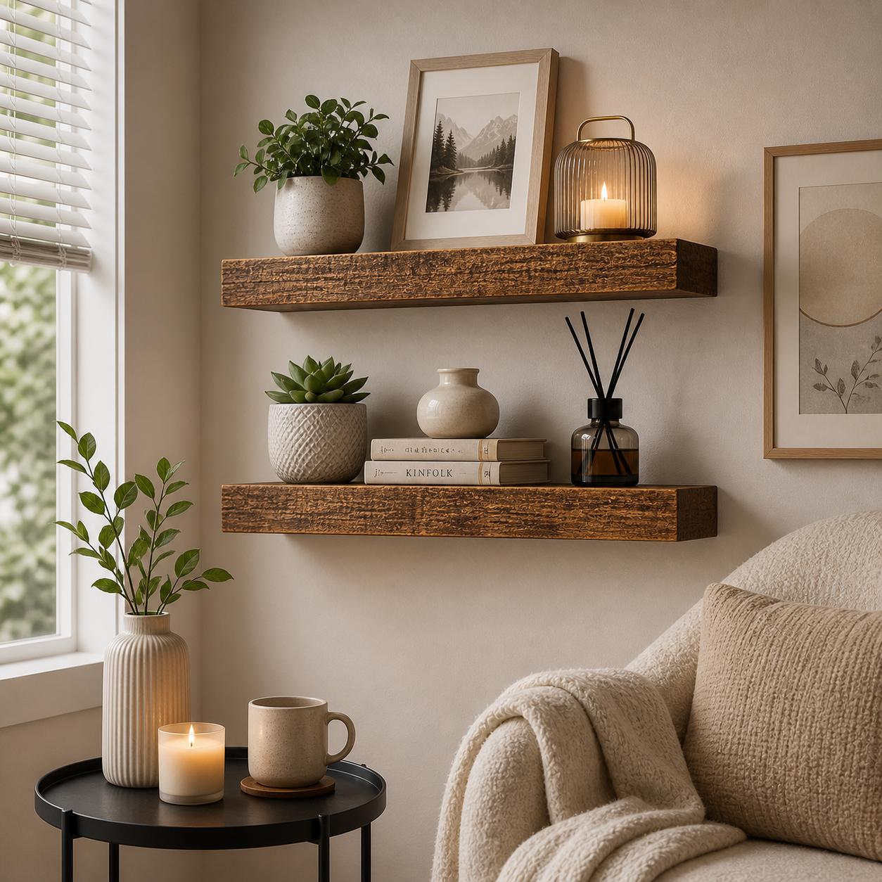 2Pcs Rustic Wood Floating Shel - Floating Shelves 评论和价格