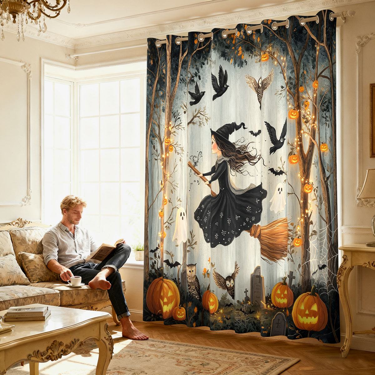 1PC Halloween Witch Pumpkin Gh - Home Decor Curtain 评论和价格
